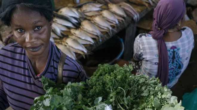 Woman on a market in Dakar in front of a fish stand with fresh herbs in the foreground