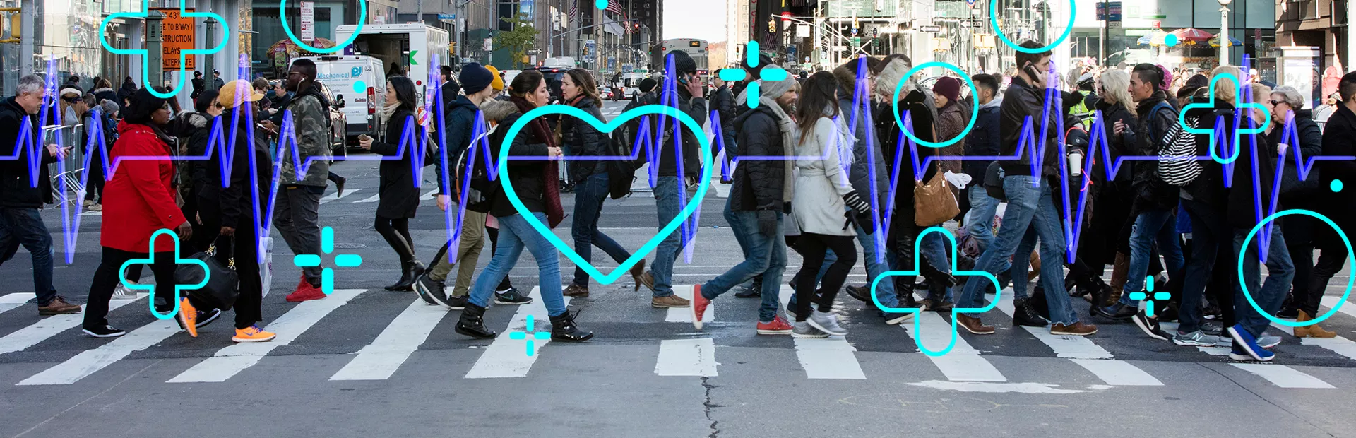 People on a pedestrian crossing in a city with overlay of ECG curve illustration