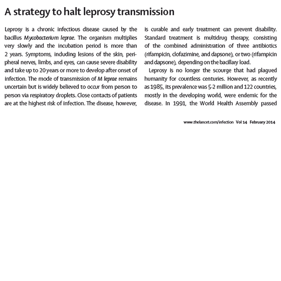 2014 lancet Infectious diseases a strategy to halt leprosy transmission image Cover image of the article regarding a strategy to halt leprosy transmission