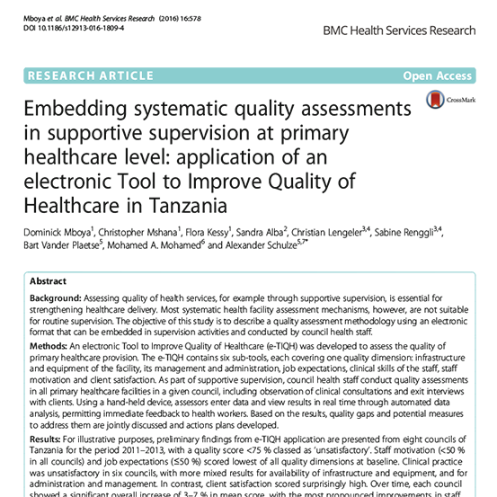 2016 bmc health services research embedding quality assessments in primary healthcare supervision image Cover of the article regarding embedding systematic quality assessments in supportive supervision.