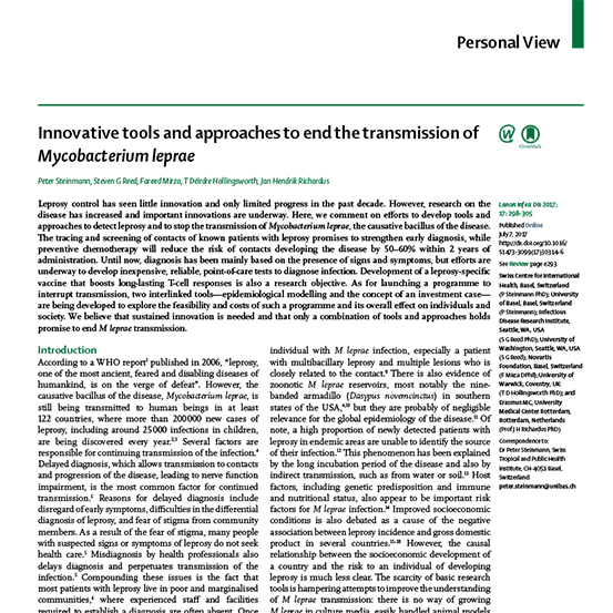 2017 lancet infectious diseases innovative tools and approaches to end leprosy transmission image A cover image of the article regarding tools to end the transmission of Mycobacterium leprae