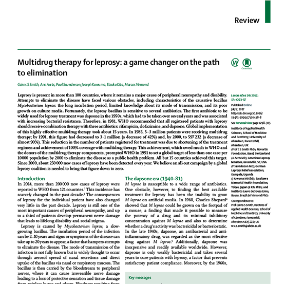 2017 lancet infectious diseases multidrug therapy a game changer for leprosy elimination 1 image Cover image of the article regarding multidrug therapy for leprosy