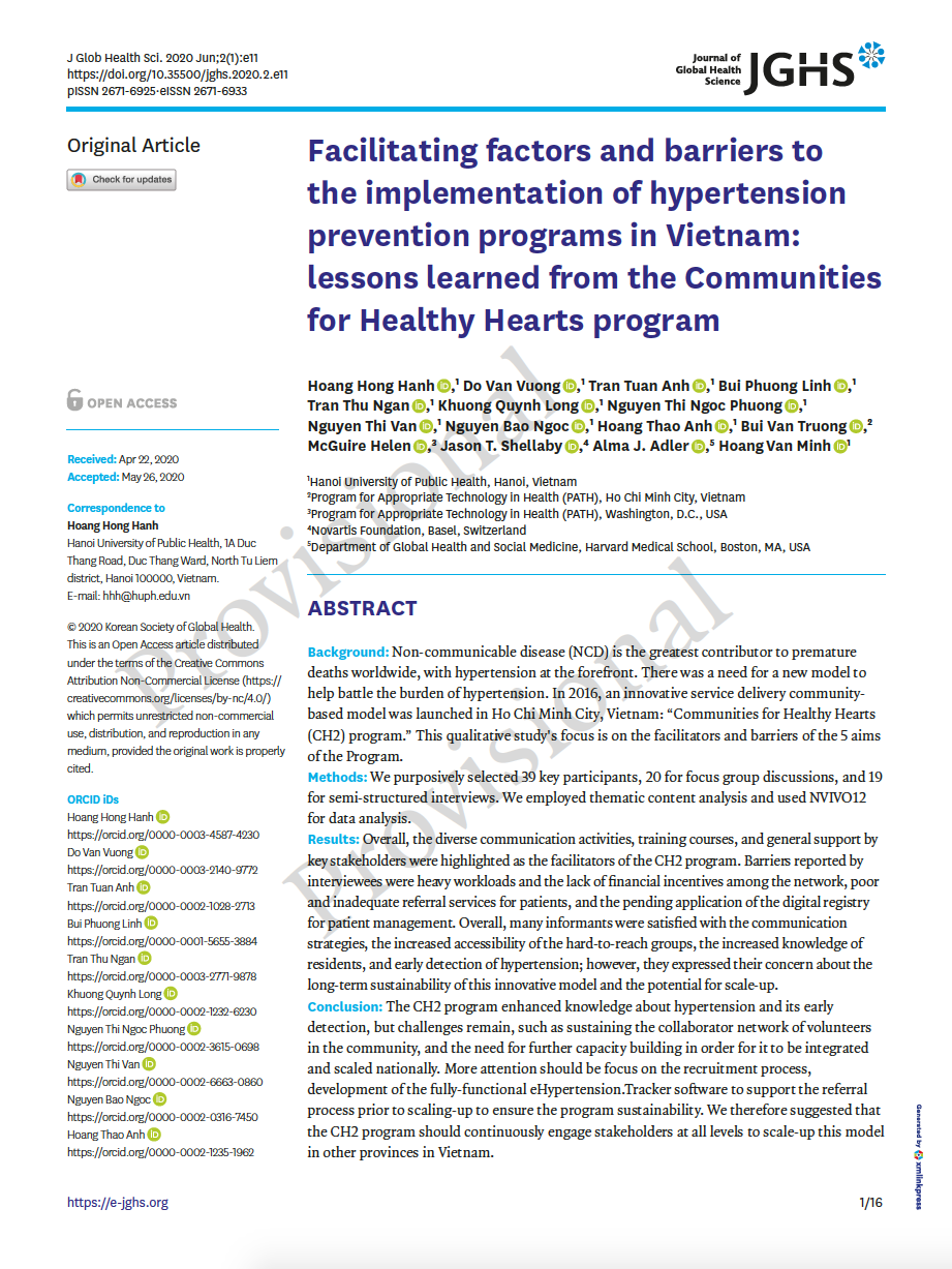Cover of the paper on facilitators and barriers of the Communities for Healthy Hearts program