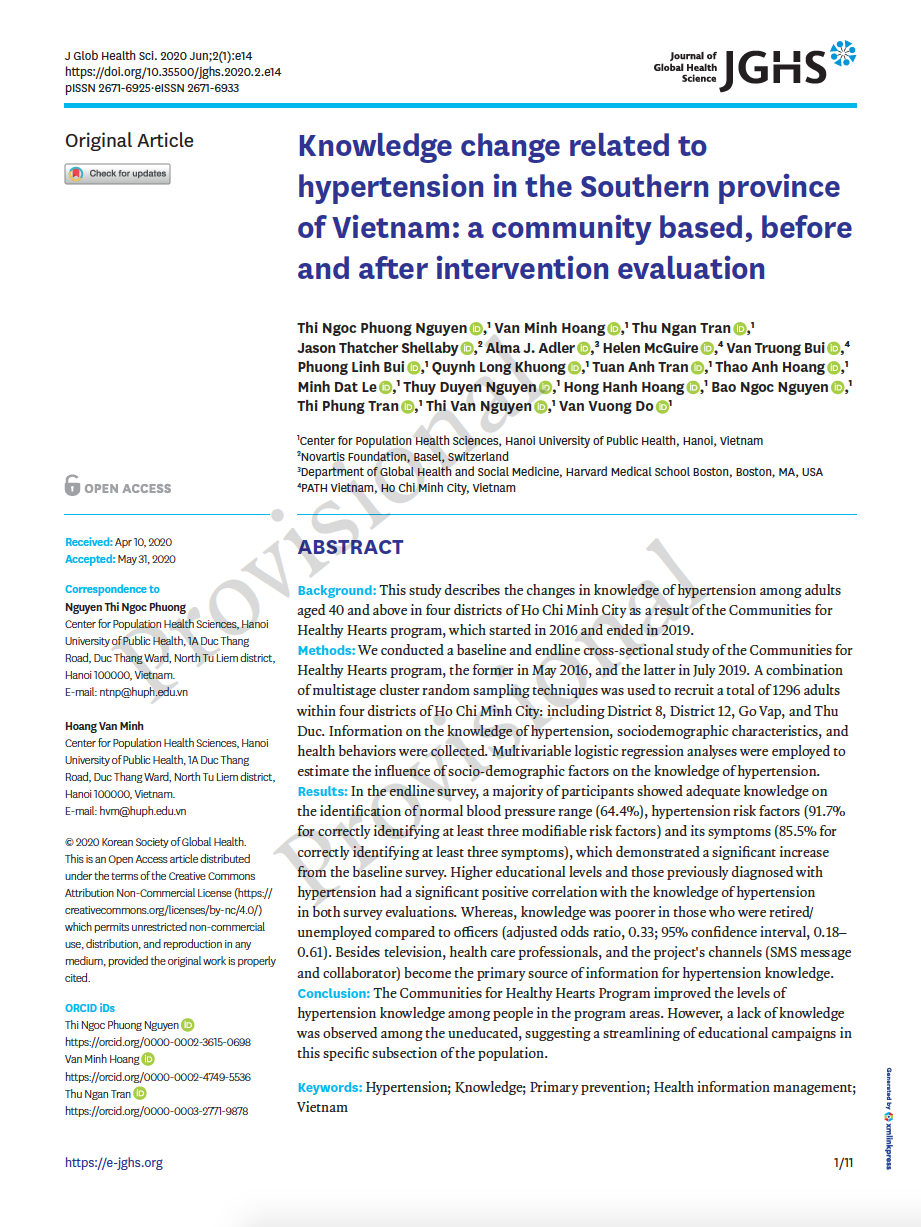 Cover of paper on changes in knowledge of hypertension among adults aged 40 and above