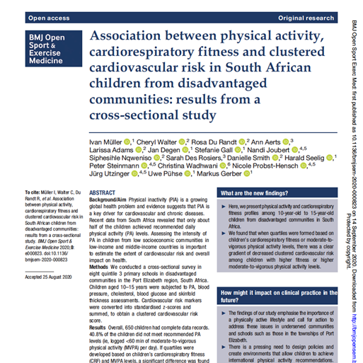 association between physical activity cardiorespiratory fitness clustered cardiovascular risk south african children disadvantaged communities results from cross sectional study 513x513 image Cover of paper on physical activity/inactivity