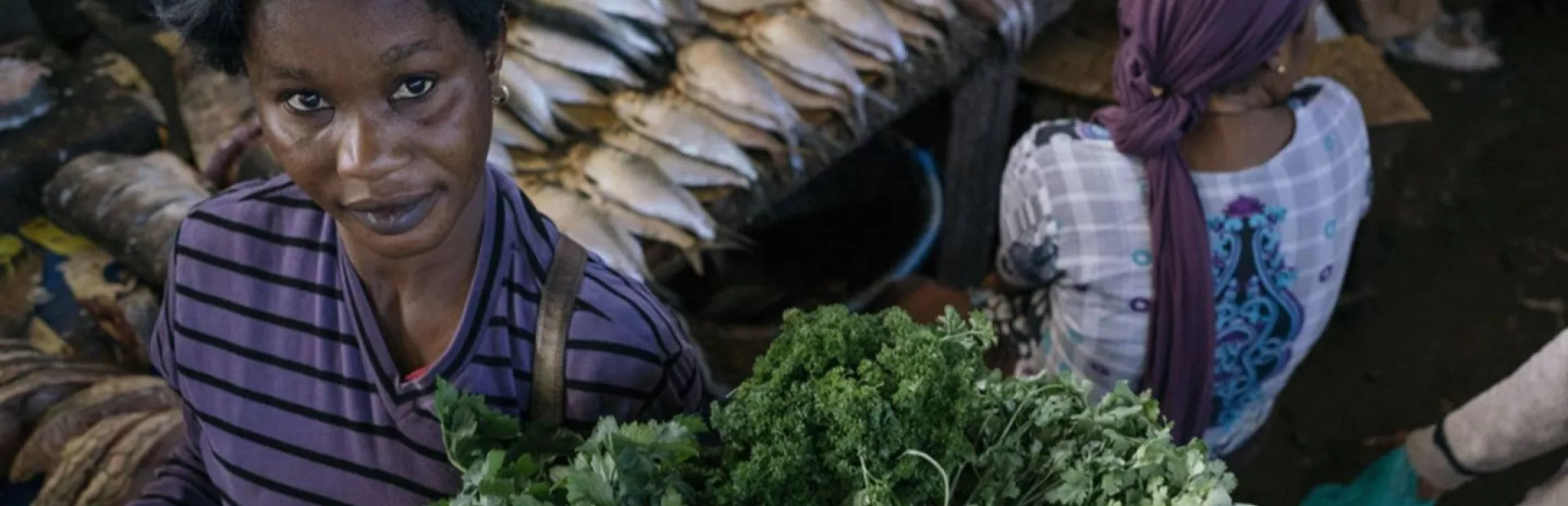 Woman on a market in Dakar in front of a fish stand with fresh herbs in the foreground