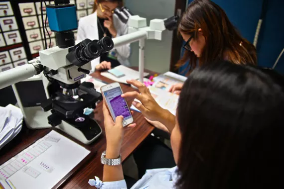 A woman in a lab is assessing data on a smartphone