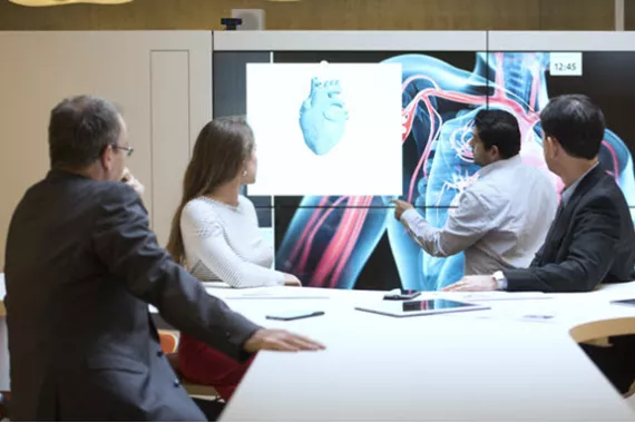 Scientists discussing metabolic conditions with the help of a visualization of human anatomy