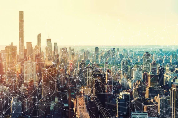 landscape picture of a city skyline with numeric effect on top