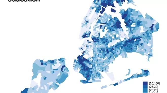 map of New York City shows the percentage of population with less than high school education