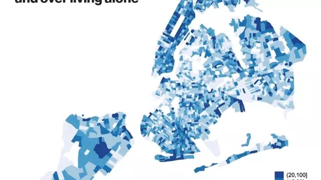 map of New York City shows the prevalence of households with a person 65 years and over living alone