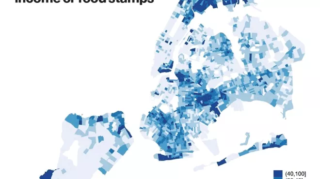 map of New York City shows the percentage of households with public assistance income or reliance on food stamps