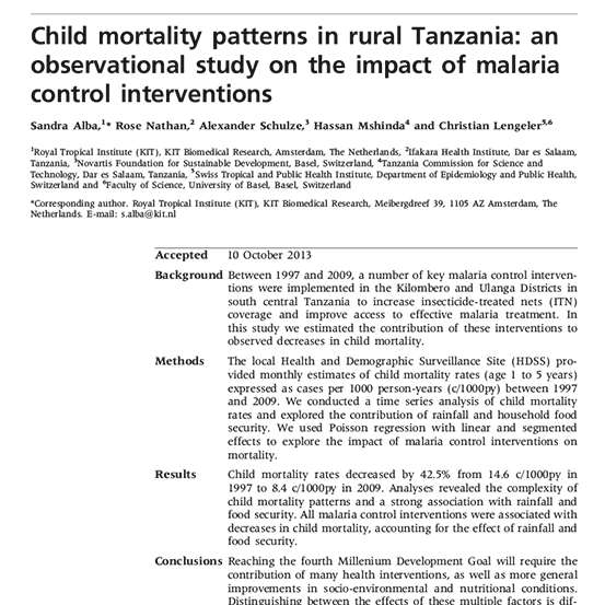 Cover image of the observational study regarding child mortality patterns in rural Tanzania