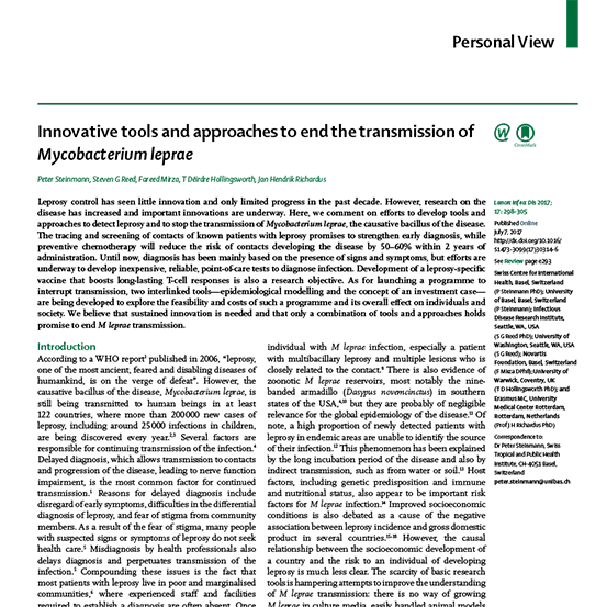 2017 lancet infectious diseases innovative tools and approaches to end leprosy transmission image A cover image of the article regarding tools to end the transmission of Mycobacterium leprae