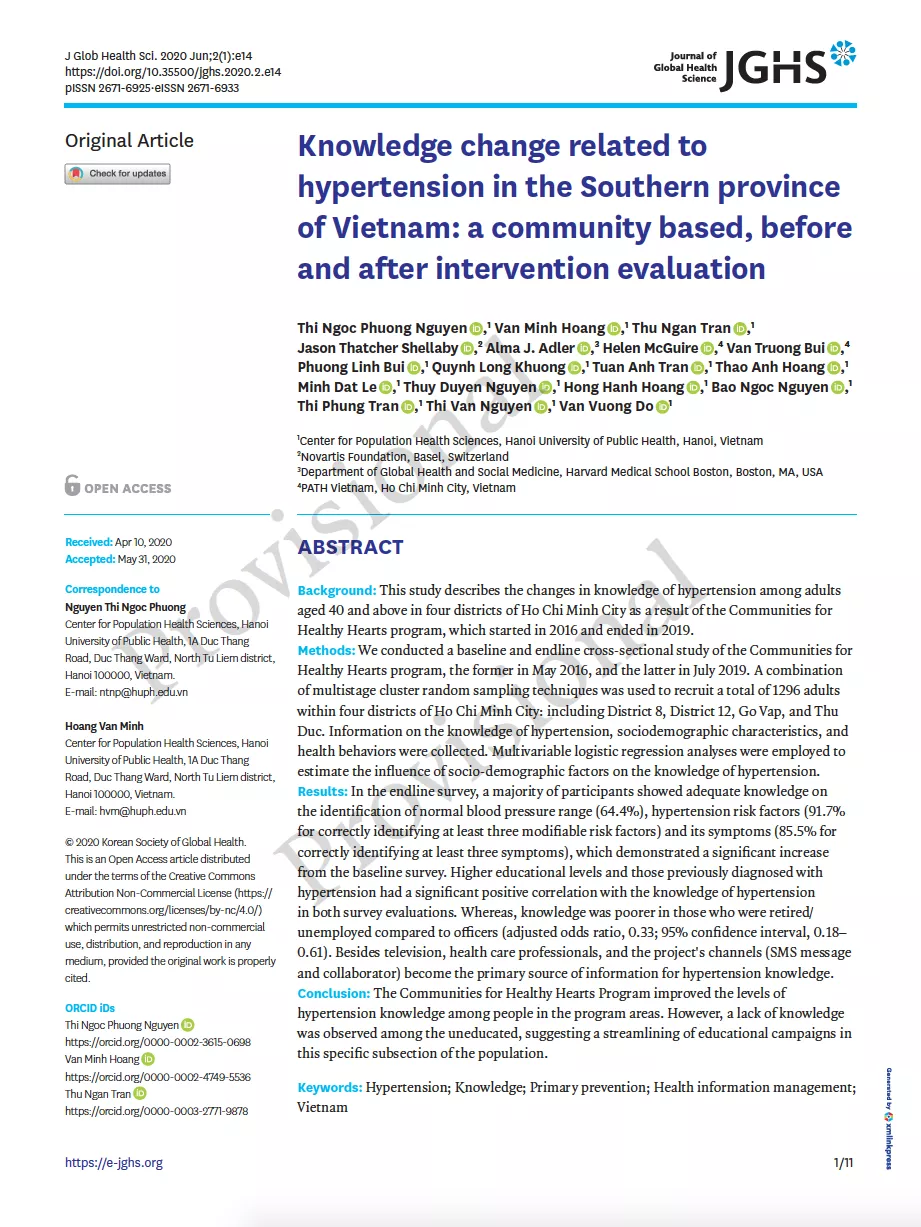 Cover of paper on changes in knowledge of hypertension among adults aged 40 and above