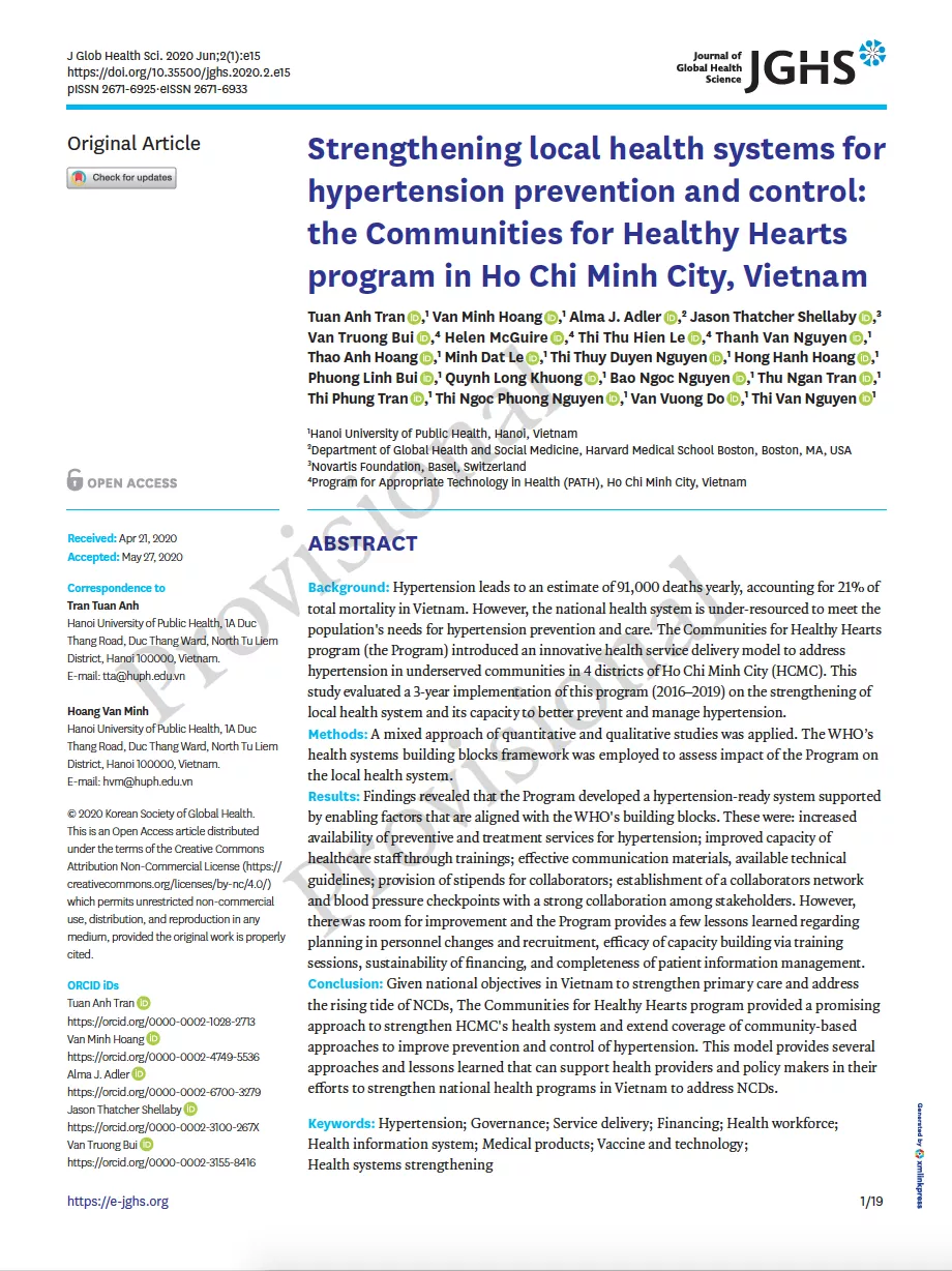 Cover of a paper on strengthening local health systems and preventing and managing hypertension