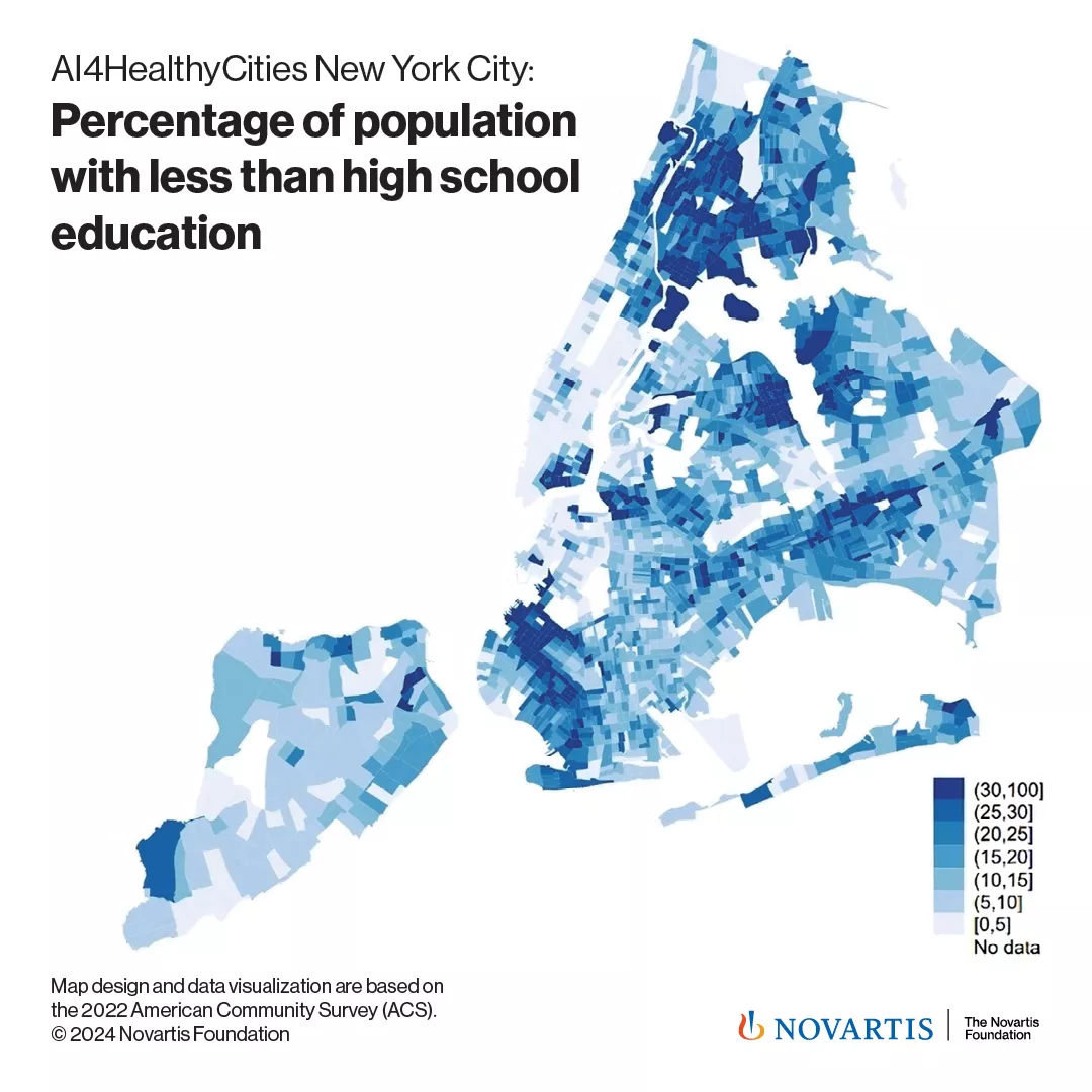 map of New York City shows the percentage of population with less than high school education map of New York City shows the percentage of population with less than high school education