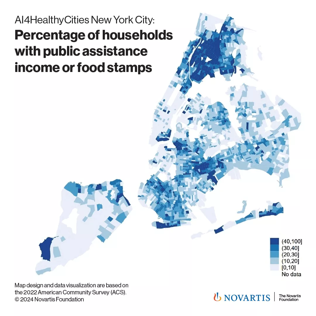 map of New York City shows the percentage of households with public assistance income or reliance on food stamps map of New York City shows the percentage of households with public assistance income or reliance on food stamps