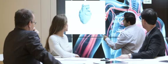 Scientists discussing metabolic conditions with the help of a visualization of human anatomy