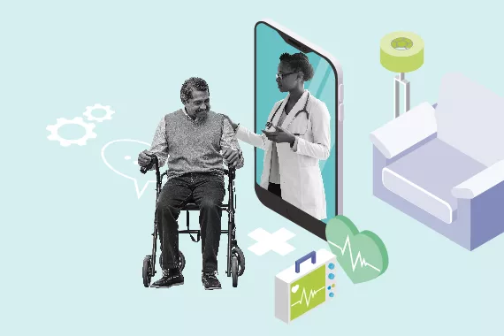 Broadband Commission, illustration of man in wheelchair and physician displayed on a mobile phone screen